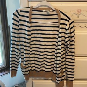 White and black striped cardigan with gold accents